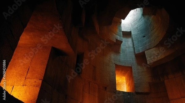 Fototapeta Intricate stonework with dramatic light and shadow.