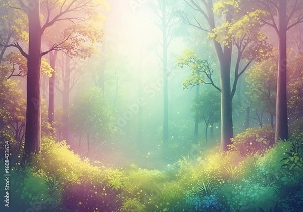 Fototapeta Enchanted forest path with dreamy light and vibrant foliage painting style