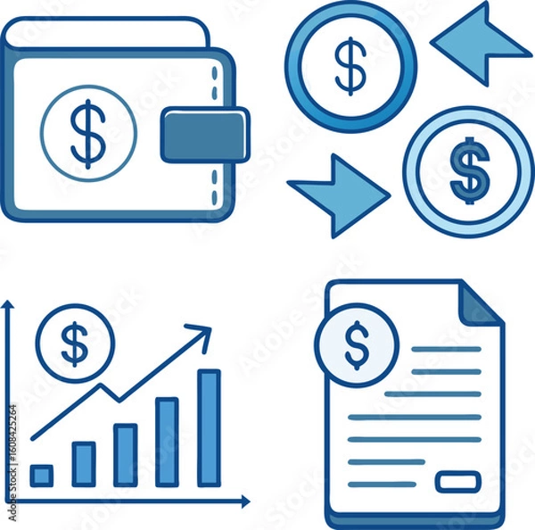 Fototapeta Business and finance icons set illustrating wallet transactions financial growth and banking documents