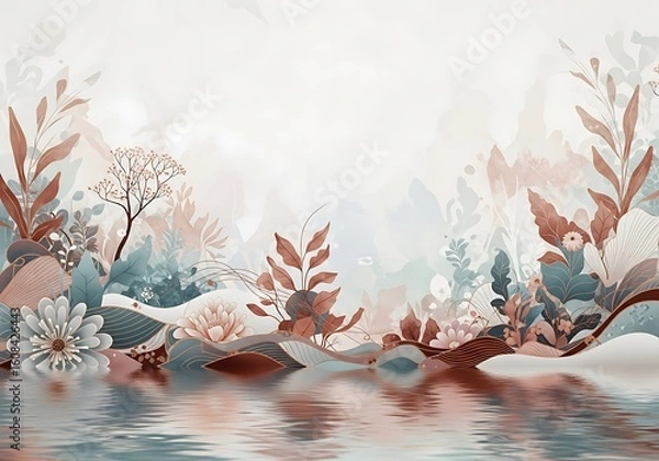 Fototapeta Tranquil floral reflection scene featuring a serene water landscape and delicate flora creating a