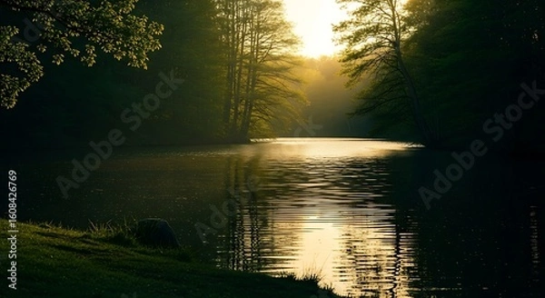 Fototapeta Tranquil Lake Scene at Dawn with Sun Rays and Lush Forest Backdrop enhancing serenity