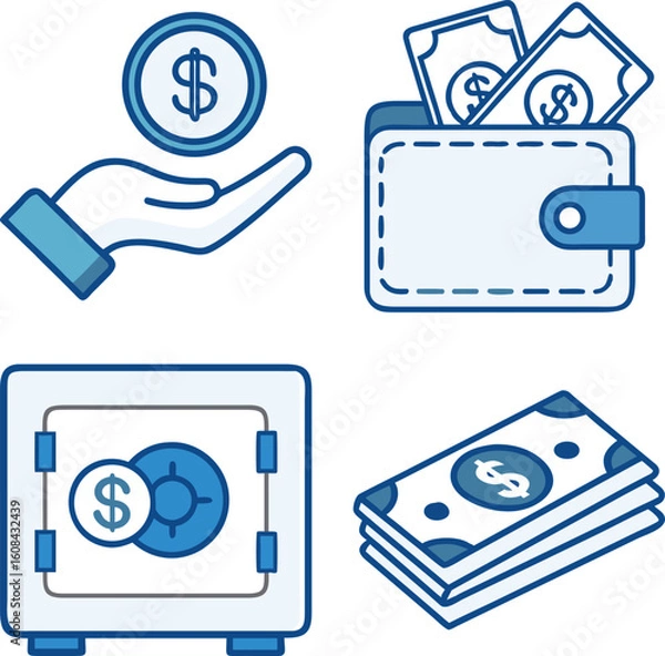 Fototapeta Financial icons collection including a coin hand wallet safe and stack of cash in blue color