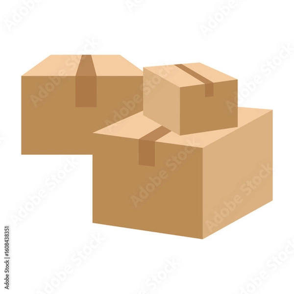 Fototapeta Three stacked cardboard boxes with brown tape on a white background