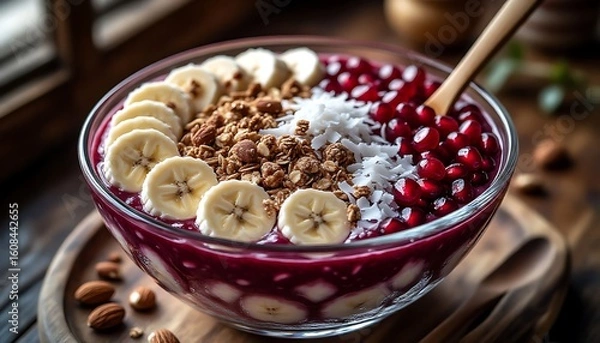 Fototapeta Glass bowl full of colorful acai bowl topped with banana slices, granola, pomegranate seeds and coconut flakes, offering a healthy and refreshing breakfast or snack