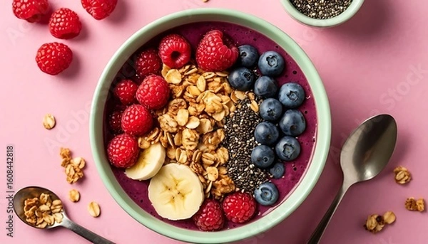 Fototapeta Delicious smoothie bowl topped with fresh raspberries, blueberries, banana slices, granola, and chia seeds on a pink background. Perfect for a healthy breakfast