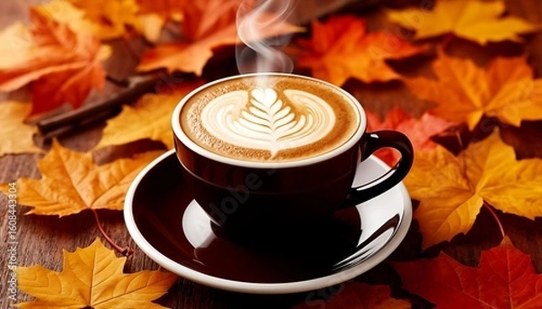 Fototapeta Aromatic cappuccino with latte art is steaming on a wooden table covered by colorful autumn maple leaves