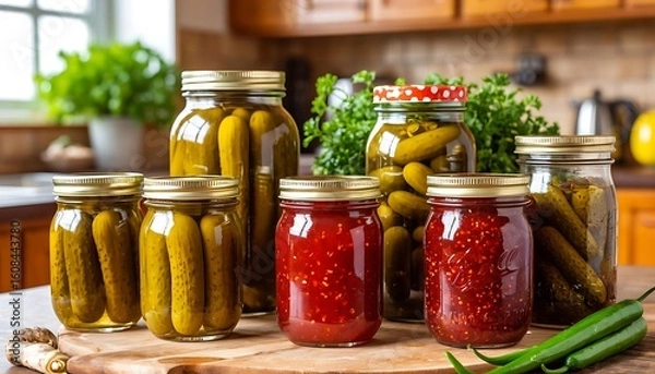 Fototapeta Collection of jars filled with homemade pickles and preserves displayed on a kitchen counter, showcasing a rustic and cozy kitchen setting