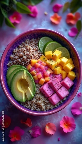 Fototapeta Healthy and vibrant Buddha bowl featuring quinoa, avocado, mango, lime, beetroot feta cheese, and colorful flower petals, perfect for a nutritious and visually appealing meal