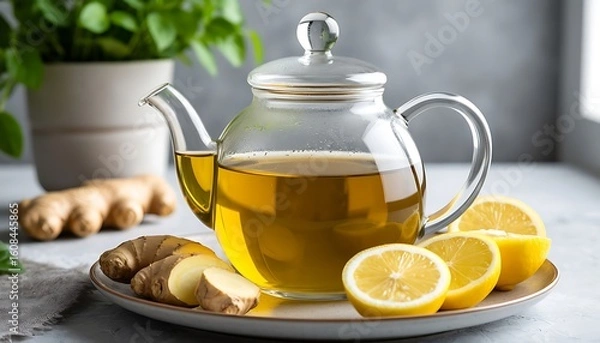 Fototapeta Glass teapot containing a ginger and lemon herbal tea, presented with fresh ginger root and lemon slices on a plate