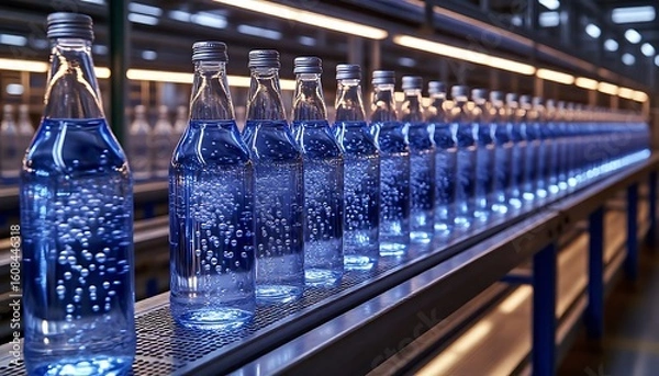 Fototapeta Glass bottles of sparkling water traveling along a conveyor belt in a bustling beverage factory, showcasing the automated production process