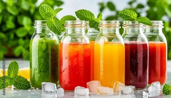 Fototapeta Variety of colorful smoothies and juices in glass bottles with ice cubes and mint leaves on a marble table