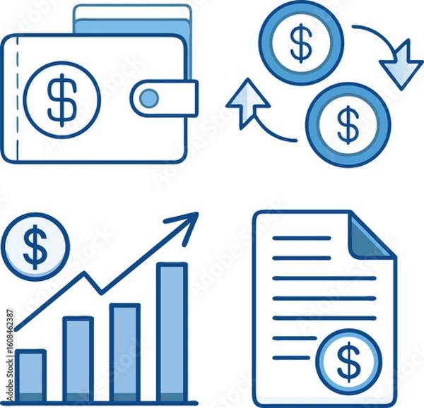 Fototapeta Financial icons with wallet coins document and growth chart representing finances and economics