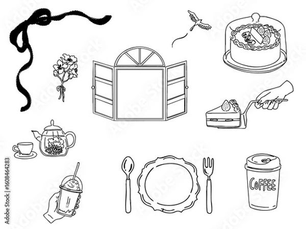 Obraz お洒落なアンティークのアイコンセット、リボン、窓、手書き、アフタヌーンティー