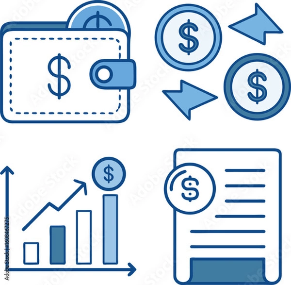 Fototapeta Financial icons showing finance and business related money saving and growth concepts in blue.