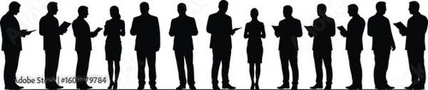 Fototapeta Silhouette vector illustration of business professionals standing in a row, reading documents, in formal attire for corporate presentations