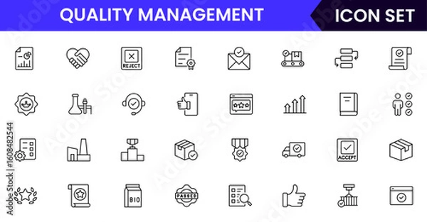 Fototapeta Quality management vector line icons featuring inspections, checklists, standards, testing, certifications, audits, processes, improvements, compliance, and product accuracy symbols.