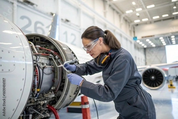 Fototapeta A woman in a blue jumpsuit is working on an airplane engine