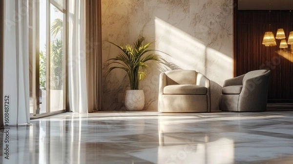Fototapeta A modern, minimalist living room with a large window, marble walls, and a wooden floor. The room features two beige armchairs, a potted plant, and a hanging lamp.