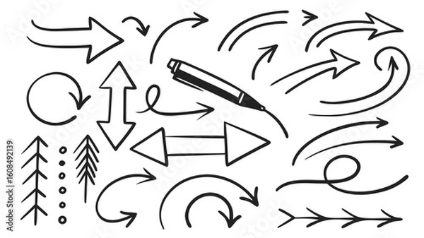 Fototapeta Vector  collection of hand drawn arrows and a pen in black and white doodle style vector illustration art
