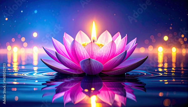 Fototapeta Single Lotus Candle with Reflections. Diwali Festival Concept. Generated Image