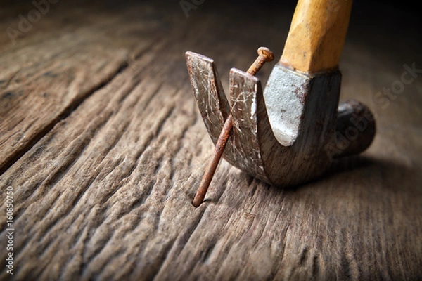 Fototapeta Wyciąganie zardzewiałego gwoździa ze starego drewna młotkiem stolarskim, selektywne ustawianie ostrości