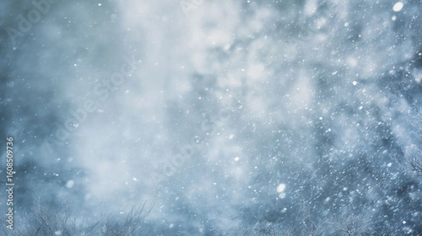 Fototapeta Pale winter sky with soft grey and icy blue tones, light snow falling gently, subtle haze for a dreamy winter feel