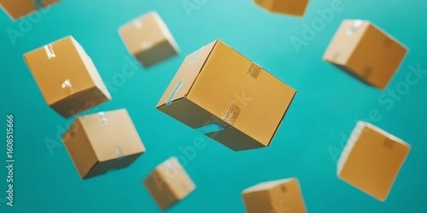 Fototapeta A collection of floating boxes against a blue background, creating a sense of random motion and depth.