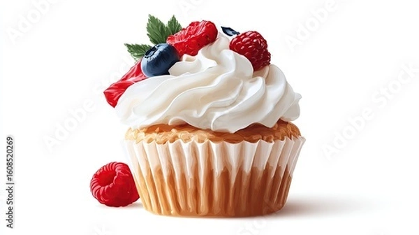 Fototapeta A delectable cupcake sits on a white background, adorned with whipped cream and an assortment of fresh berries