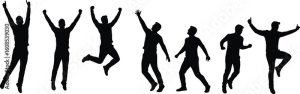 Fototapeta Silhouette of six men jumping, dancing energetically in mid-air, isolated white background, freedom, teamwork, joy, lifestyle, dynamic poses