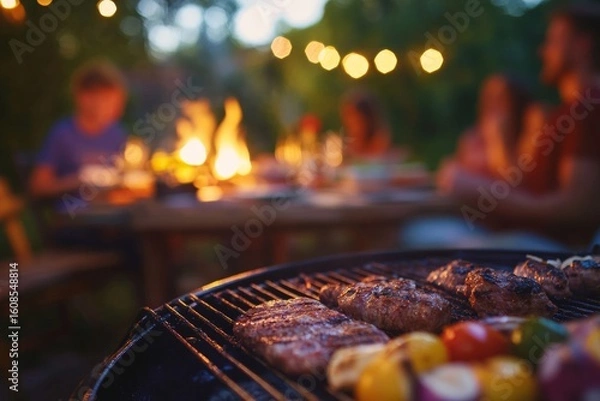 Fototapeta Outdoor barbecue in the evening, surrounded by a group of people enjoying grilled foods and conversation