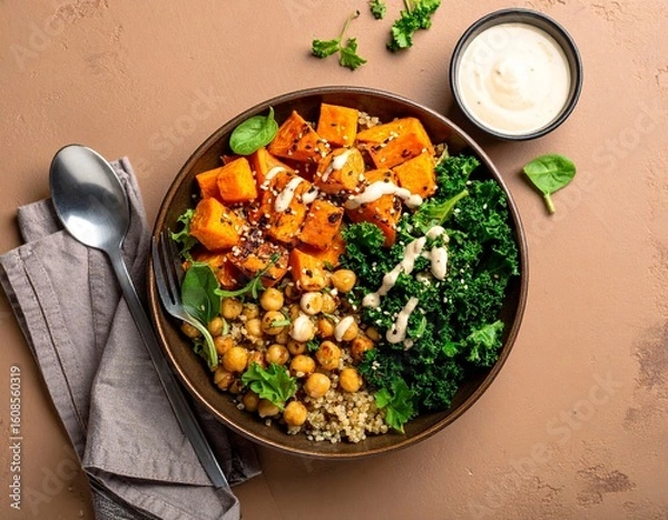 Obraz A bowl of healthy food featuring roasted sweet potatoes, chickpeas, kale, quinoa, and a creamy sauce, served with a spoon and napkin.