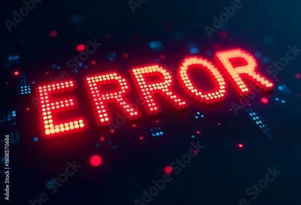 Obraz Glitched red error sign with binary background. Abstract tech visual representing system crash, cyber attack, software failure, coding error, data loss, and digital malfunction alert.