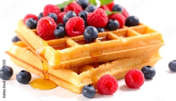 Fototapeta Stack of waffles topped with fresh berries and syrup