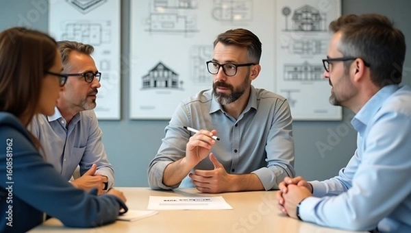Fototapeta Diverse group of professionals collaborating intently around a table discussing architectural blueprints and design concepts in a modern office setting