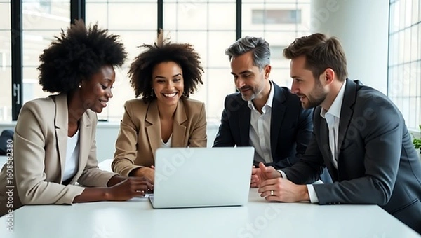 Fototapeta Diverse group of professionals collaborating enthusiastically around a laptop sharing ideas and insights in a modern office setting