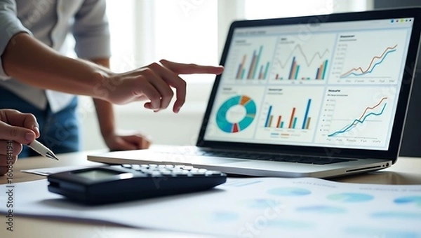 Fototapeta Two individuals collaborate on a business project analyzing financial data and charts displayed on a laptop screen with a calculator nearby