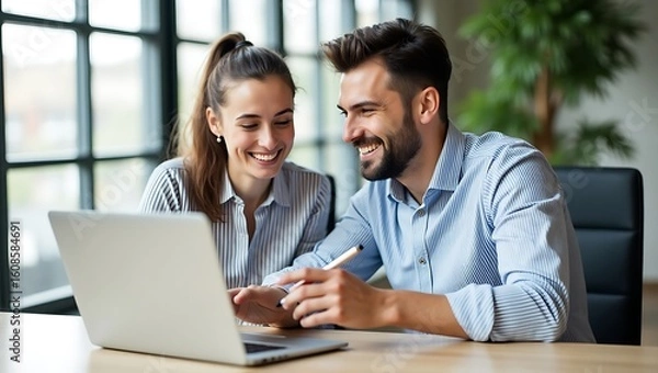 Fototapeta A young professional man and woman collaborate happily while working together on a laptop in a modern office setting with large windows