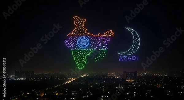 Fototapeta Drone light show displaying india map and crescent moon with azadi over city at night