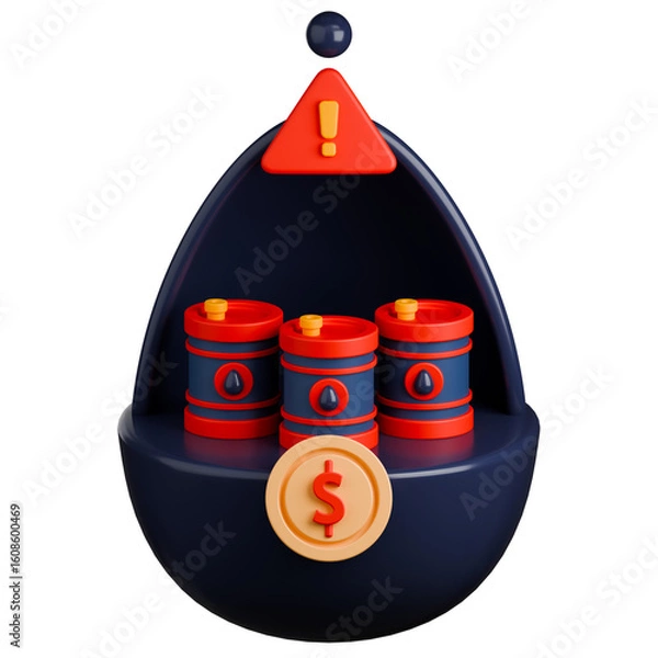 Fototapeta Oil price crisis 3d illustration. Oil drop containing three oil barrels, with a warning symbol on top and a dollar coin in front.