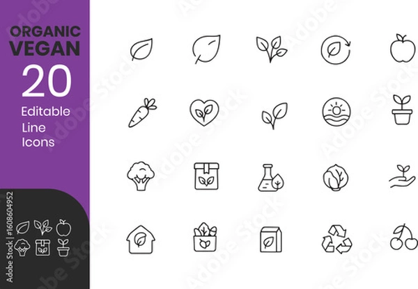 Obraz Organic Vegan Editable vector line Icons set	