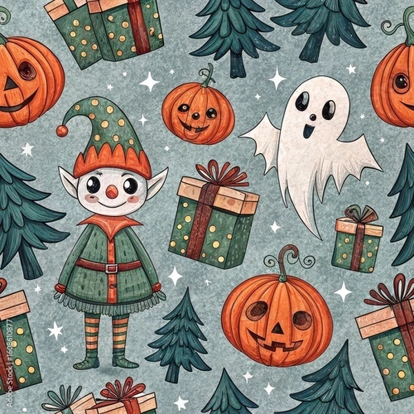 Obraz Seamless pattern combining Halloween and Christmas elements with pumpkins, gifts, ghost, elf, and fir trees in playful festive style.