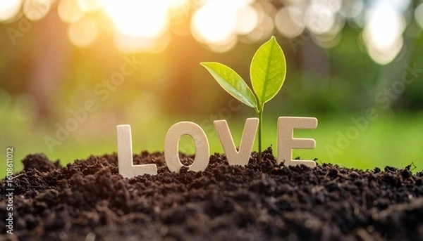 Fototapeta The word "LOVE" in bold letters rests on soil beside a sprouting plant—symbolizing emotional growth, natural connection, and sunlight-warmed serenity.