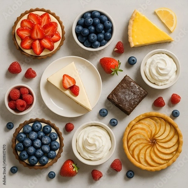 Fototapeta Flat Lay of Assorted Desserts and Fresh Fruits on Light Stone Background