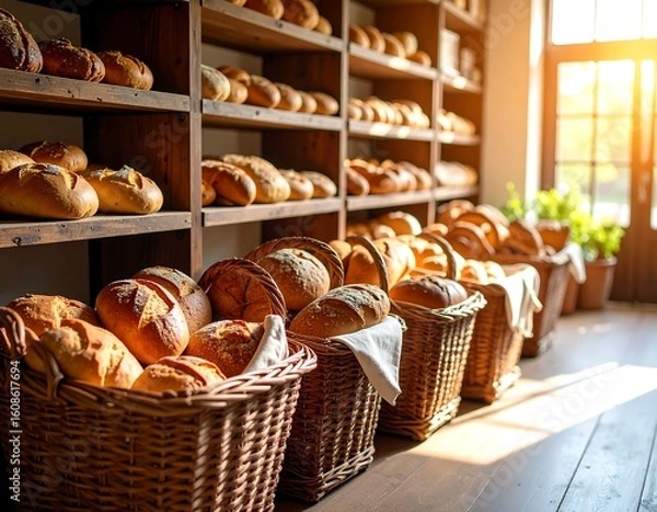 Obraz Wooden shelves filled with various loaves of bread in wicker baskets, sunlit bakery