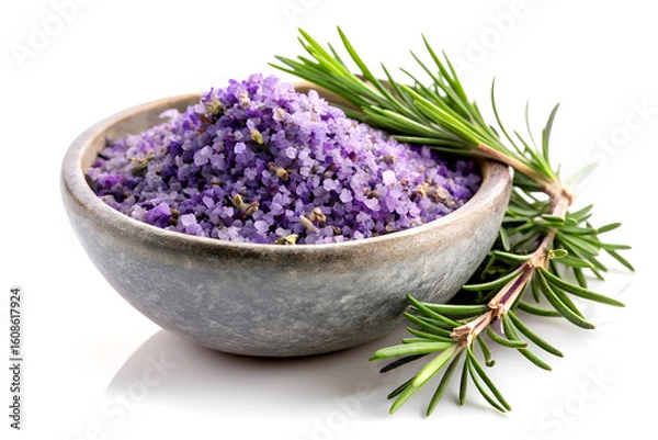Fototapeta Herbal Aromatherapy Bowl with Crushed Lavender and Fresh Rosemary. AI Generative