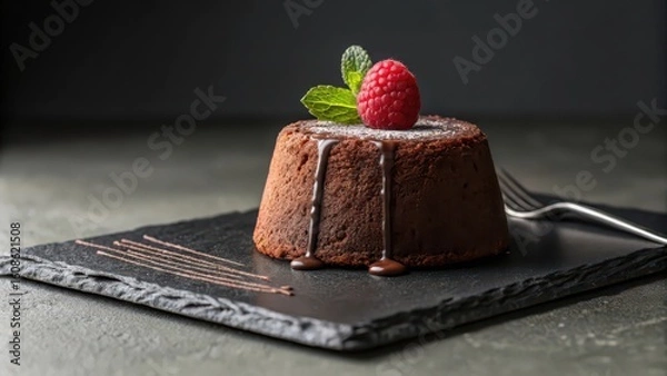 Obraz Delicious chocolate lava cake dessert recipe with raspberry and mint garnish close up food photography