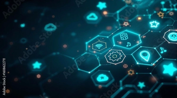 Fototapeta Illuminated network of hexagonal shapes with various digital icons on a dark blue background design