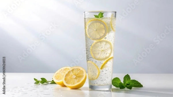 Obraz Refreshing lemon water recipe detox drink with mint and sliced lemons for healthy lifestyle diet plan