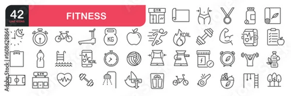 Fototapeta Set of line icons related to fitness, exercise, gym. Outline icons collection. Editable stroke. Vector illustration
