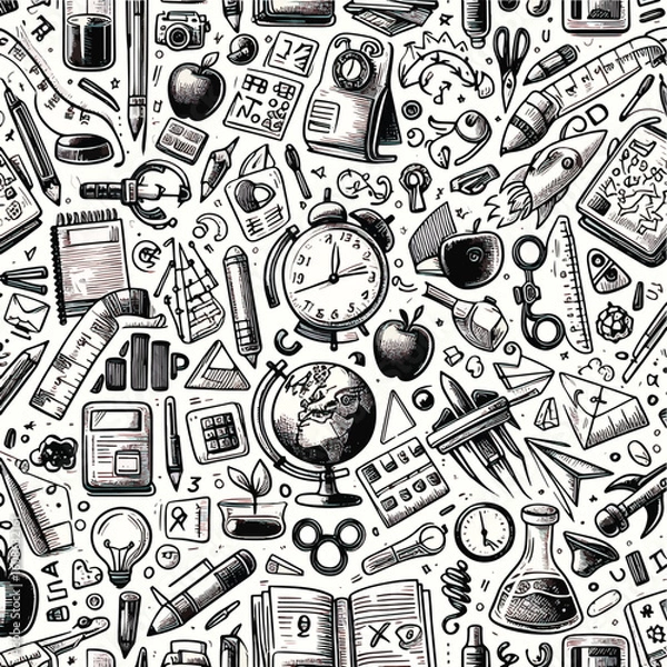 Fototapeta seamless pattern with hand drawn icons stationery and education